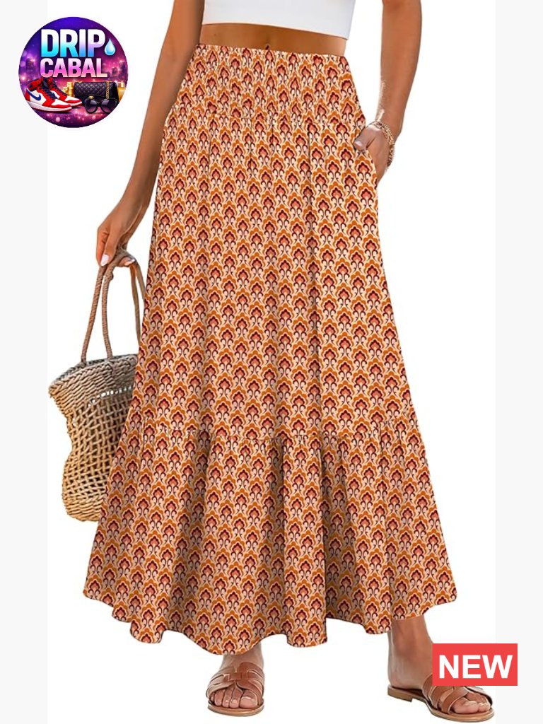 Boho Floral Maxi Skirt, High Waisted Tiered, Flowy Beach Skirt With Pockets